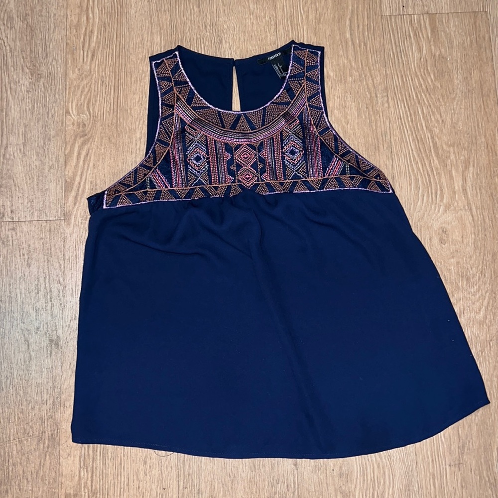 Forever 21 navy blue sleeveless chiffon blouse with tribal embroidery patten